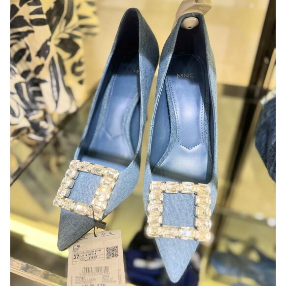MANGO Denim Crystal Buckle Heels NWT – Embellished Pointed Toe Pumps, Size 8.5 - Picture 12 of 12